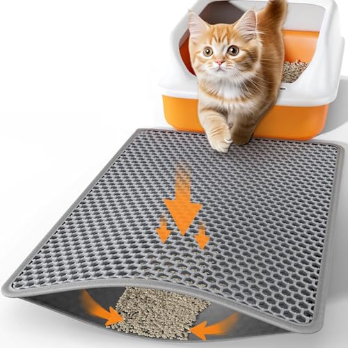 Cat Litter Mat, Litter Tray Mat 30 X 45 Cm, Large Litter Mat Foldable, Honeycomb Double Layer Design, Nonslip, Waterproof Urine Proof Cat Mat for Litter Tray, Easy Clean - Grey