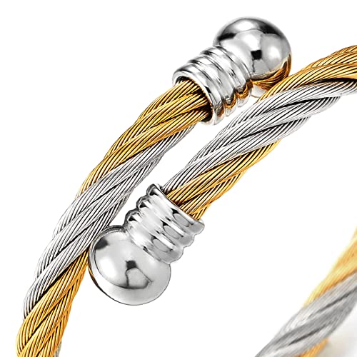Image of COOLSTEELANDBEYOND Elastic Adjustable Steel Twisted Cable Cuff Bangle Bracelet for Mens for Women