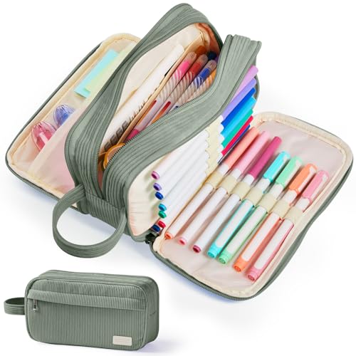 Image of Sooez High Capacity Pencil Case, Soft Corduroy Pencil Pouch with 4 Compartments, Multiple Pockets, Large Bag with Sturdy Zipper, Cute Case Pouch Organizer for Student Teen Girls, Dark Green