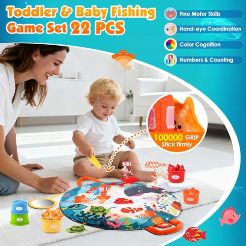 Image of FREYBLI Montessori Toys for 1 Year Old Boy Girl Birthday Gift - Cloth Toddler Fishing Game with Stacking Cups, Educational Toys for One Year Old, Sorting Learning Baby Toy 12-18 Months 1-2 Year Old