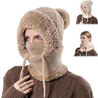3 in 1 Beanie Hat for Women, 3 in 1 Hat Women, Balaclava Winter Hats for Women, Knitted Hats Wind Resistant Hooded Scarf, Windproof Plush Lined Knit Hats for Cold Weather Outdoor Skiing Sports (Khaki)