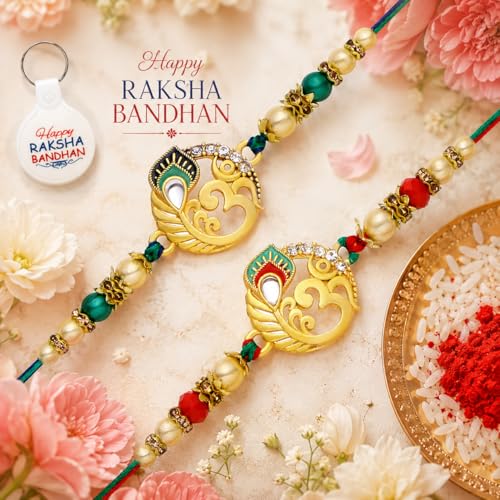 Image of Riddhika Ventures Glorious Gold Plated Religious Diamond Ring Rakhi || Traditional Rakhi Set of 2 & Festive Gift || Rakhi Gift Combo for Brother
