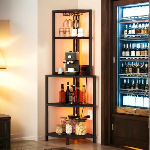 DWVO Corner Shelf with LED Lights & Bookshelf Glass Holder, 4 Tier Corner Wine Bar Rack, Large Wooden Corner's Bookshelf with Display Shelves for Living Room, Dining Room, Kitchen, Black