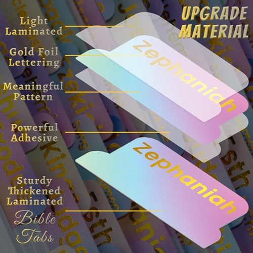 Image of Bible Tabs with Unique Stickers, Gold Foil Laminated Bible Tabs, Bible Tabs for Women, Christian Gifts, Large Print Bible Tabs, Bible Book Index Tabs Labels, Bible Study Supplies (Rainbow)