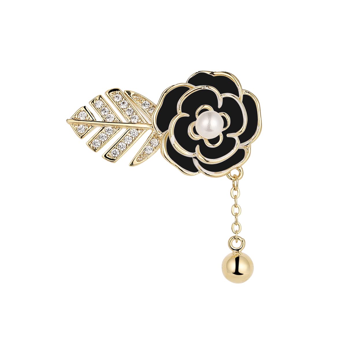 Mr.JiangVintage Feather Camellia Brooch in Black Gold, Stylish Black Camellia Feather Brooch, Feather Camellia Black Gold Brooch, Black and Gold with Pearl Accents, Copper with Zirconia and 14K Gold