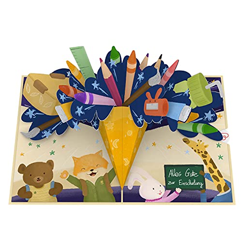 papercrush Pop-Up Karte Einschulung - Besondere 3D Glückwunschkarte oder Geldgeschenk zum Schulanfang für Mädchen und Jungen Handgemachte Einschulungskarte mit Schultüte für ersten Tag in der Schule