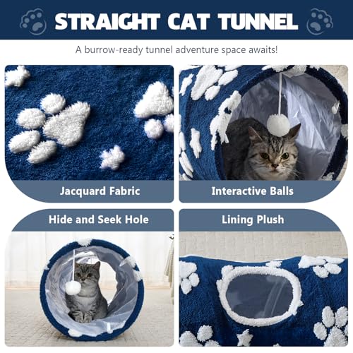 Image of Straight Cat Tunnel for Indoor Cats 47 inchx12 inch, Cute Cat Toys Collapsible Tunnel Tube with Balls for Puppy Kitten Rabbit, Blue Paw