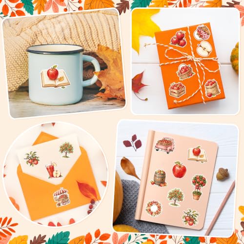 Image of Fall Apple Self Adhesive Sticker for Laptop Water Bottle Scrapbook | Watercolor Painting Style Apple Self Adhesive Backing for Gift Tag Label Phone Case Notebook Accent Classroom Reward