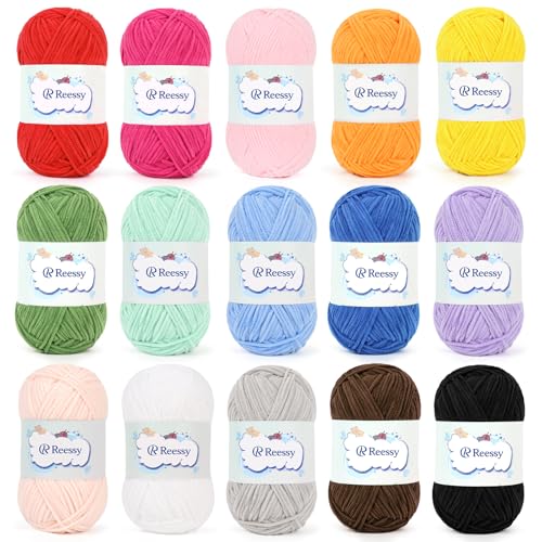 Reessy Chenille Yarn 750g(15×50g) Skinny Velvet Chenille Yarn for Crochet and Knitting Soft Thin Plush Chenille Wool Yarns Set Multi Color- Suitable for Exquisite Crafts Amigurumi Baby Blanket