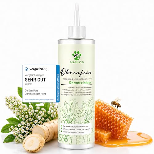 Golden Pets TESTURTEIL SEHR GUT Ohrenreiniger für Hunde & Katzen **VERGLEICHSSIEGER** 100% natürliche Ohrenspülung gegen Juckreiz Entzündung & Ohrenschmalz I Ohrenpflege 250ml