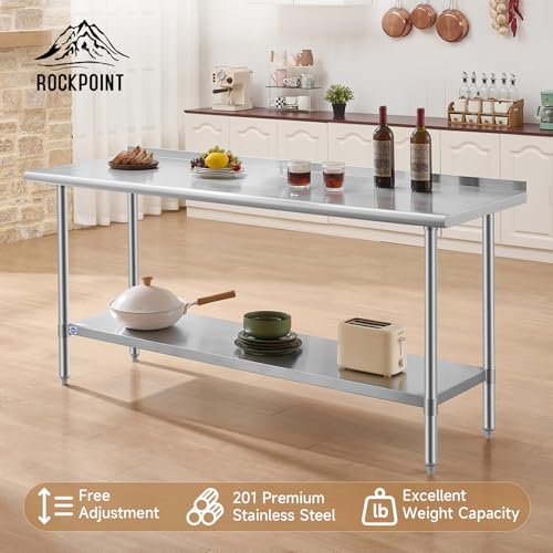 Image of ROCKPOINT All Stainless Steel Perp Table with Backsplash 24x72 Inch, Commercial Heavy Duty Table with Stainless Legs & Adjustable Undershelf, 890 lb Capacity for Restaurant,Home and Outdoor Kitchens