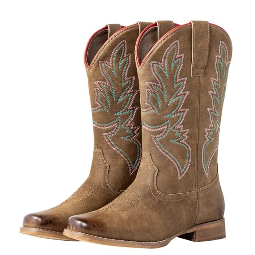 J's.o.l.e Square Toe Cowboy Boots for Women Wide Calf Pull On Fashion Embroidered Western Cowgirl Boots