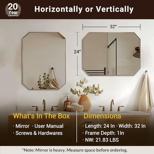 Image of ANDY STAR Gold Octagon Bathroom Mirror, 24x32 Inch Stainless Steel Metal Frame, Anti-Rust, Shatterproof HD Glass, Wall Mounted for Bathroom, Bedroom, Living Room