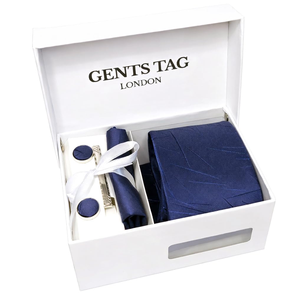 Gents Tag Men's Navy Patterned ’S Tie And Pocket Square Set With Cufflinks, Tie Clip & Gift Box – Formal Necktie Set For Weddings, Office Wear & Gifts (Navy Patterned)