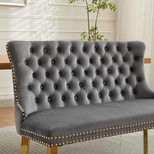 Image of 45.6''Velvet Dining Bench, Button Tufted Upholstered Dining Table Bench with Wing Highback, Nailhead Decoration, Small Loveseat Sofa with Gold-Plated Steel Legs, Mid Century Modern Seating, Grey