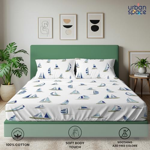 Image of Urban Space 144 TC Divine 100% Cotton Bedsheet for Double Bed with 2 Pillow Covers, Queen Bedsheet (Size 90 x 100 inches, Ocean Boats Blue, Double)