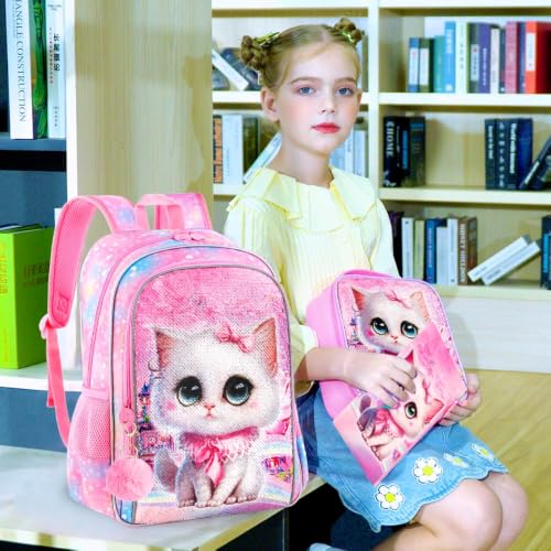 Image of CCJPX 3PCS Cat Backpack for Girls, 16 inch Kids Bookbag and Lunch Box for Elementary School Toddler Kindergarten Preschool