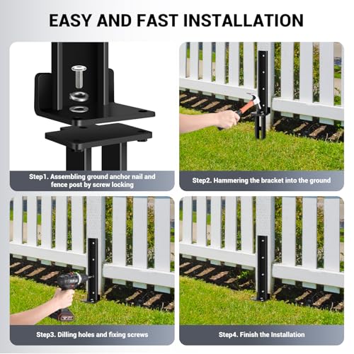 2 Pack Fence Post Anchor Kit, Heavy Duty Steel Fence Post Repair Stakes, Post Anchor Ground Spike for Repairing Tilted Broken Wood Support, Black