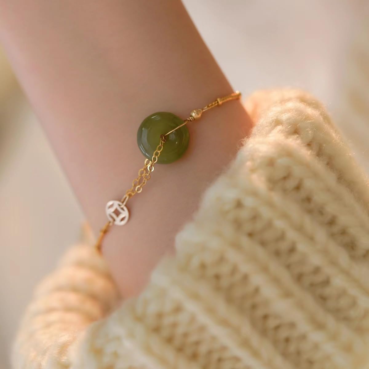 14k Gold Hetian Jade Peace Buckle Bracelet - Feng Shui Harmony Buckle, Lucky Jade Bracelet for Ladies, Dark Green