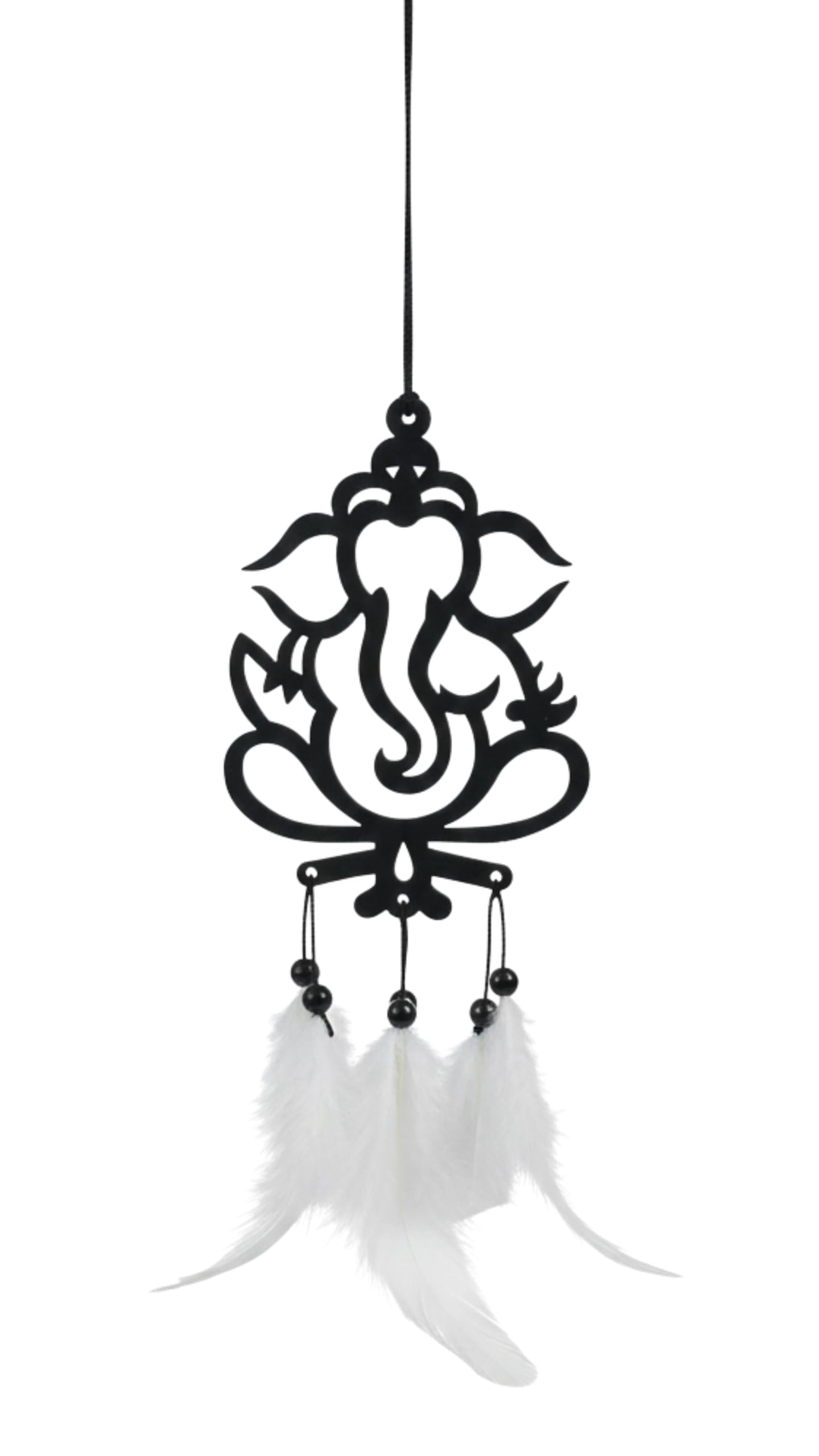 Ganesha Hanging Charm with White Feathers, 15.24x10.16 cm | Black Silhouette Design, Black Bead Accents, Car Rear View Mirror, Handcrafted, Home & Office Decor-image-36