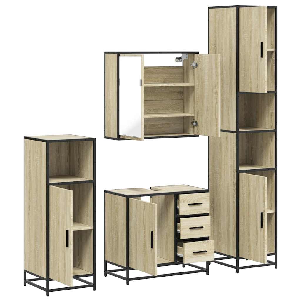Set Mobili da Bagno 4 Pezzi Rovere Sonoma e Metallo | Arredo per il bagno con mobile specchio, sottolavabo e due colonne salvaspazio in stile industriale.