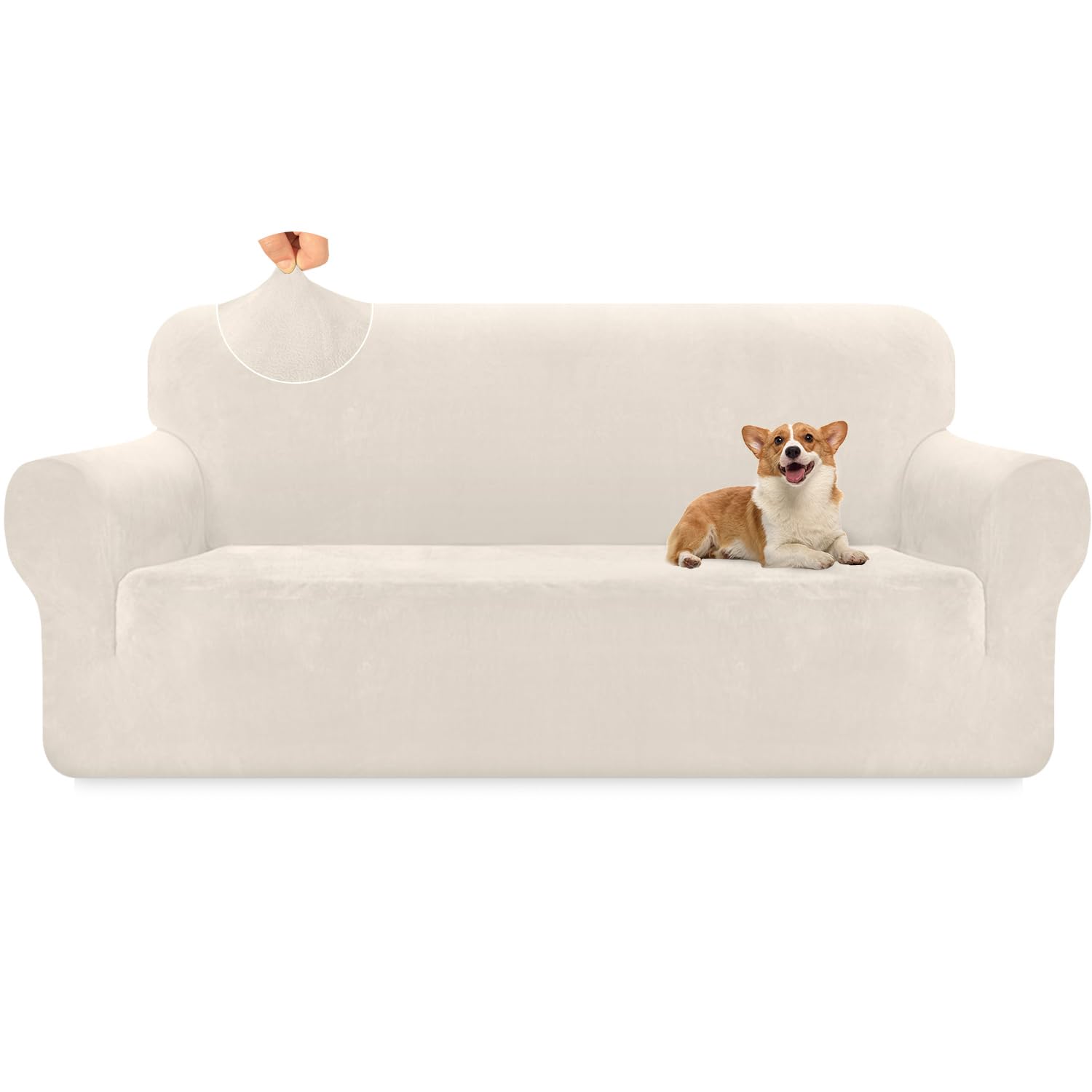 Granbest Premium Thicken Plush Velvet Sofa Cover High Stretch Couch Cover Super Soft Sofa Slipcover Luxury Furniture Protector for Pets and Kids (3 Seater, Creamy White)