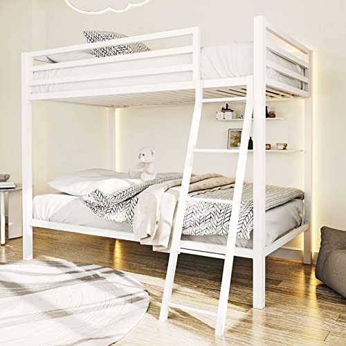 ikalido Metal Loft Bunk Bed Twin Over Twin Size with Safety Guardrail and Ladder, No Box Spring Needed Space Saving Bedroom Furniture, Cream White