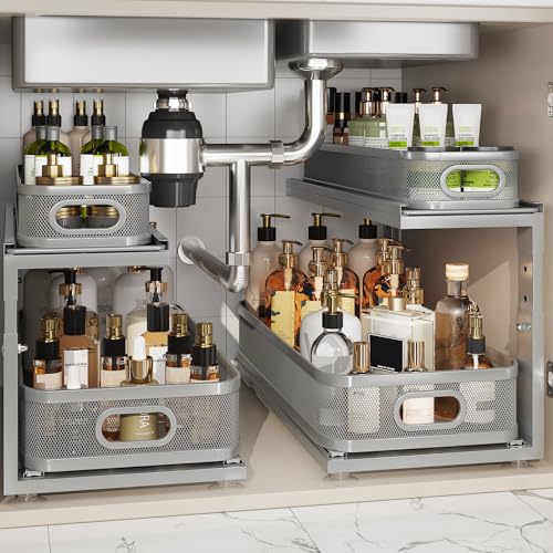 Image of 2 Pack 21IN-Depth Under Sink Organizer With Next-Gen Ball-Bearing Slides,2-Tier Precision Mesh Pull Out Cabinet Storage for Bathroom&Kitchen,Height Adjustable Drawers Shelf,Anti-rust-Grey