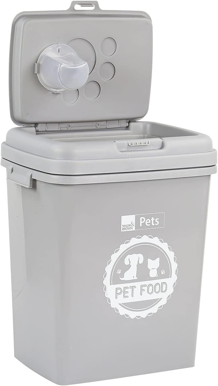 Greenfields 40L/15KG - Pet Food Storage Airtight Storage Container with Flip Top Locking System - Integrated Scoop Food Dispenser Bin, Birds, Pets, Cat, Dog, Fish, Pellet (Grey)