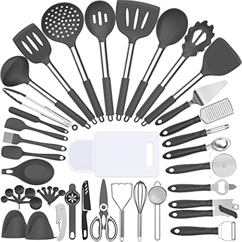 Silicone Cooking Utensil Set, Umite Chef 43 PCS Heat Resistant Kitchen Utensil Gadgets Set-Stainless Steel Handle- Kitchen Spatula Tools for Nonstick Cookware, Pots and Pans Accessories(Grey) Cover