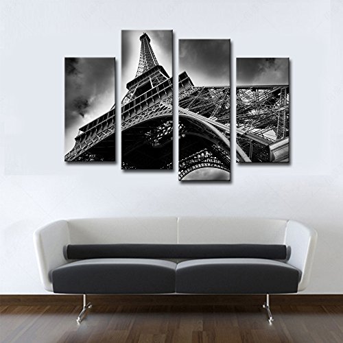 Noah Art-Modern Black And White Canvas Prints, Paris Eiffel Tower Cityscape Artwork Landscape Painting Architecture Poster Art On Canvas, 4 Piece Wall Art Gallery Wrapped Canvas Wall Decor For Bedroom #TOP7