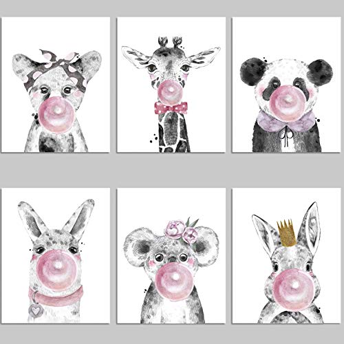 Bubble Gum Animal Prints Unframed - 6 Whimsical Safari Animals And Woodland Creatures