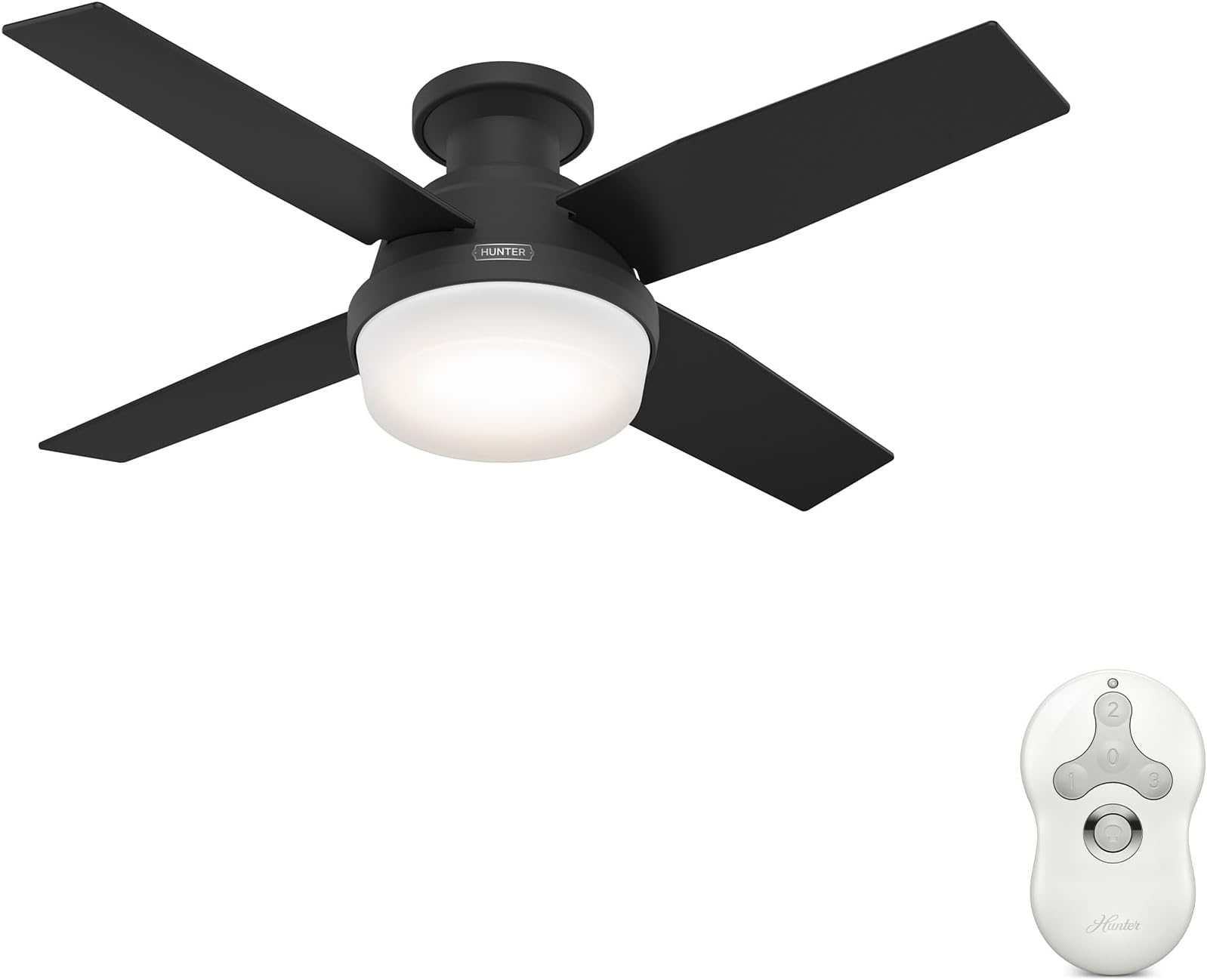 44 inch Indoor Ceiling Fan with LED Light and Remote Control - Black Modern Ceiling Fan, Low Profile Mount, 4 Blades, For Bedroom, Living Room, or Kitchen, Quiet - Dempsey 52390, Matte Black