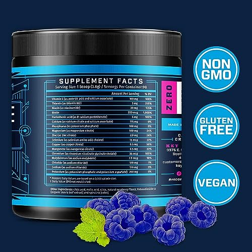 KEY NUTRIENTS Multivitamin Electrolytes Powder No Sugar - Sweet Blue Raspberry Electrolyte Powder - Endurance & Energy Supplement - Hydration Powder - No Calories - 90 Servings - Made in USA