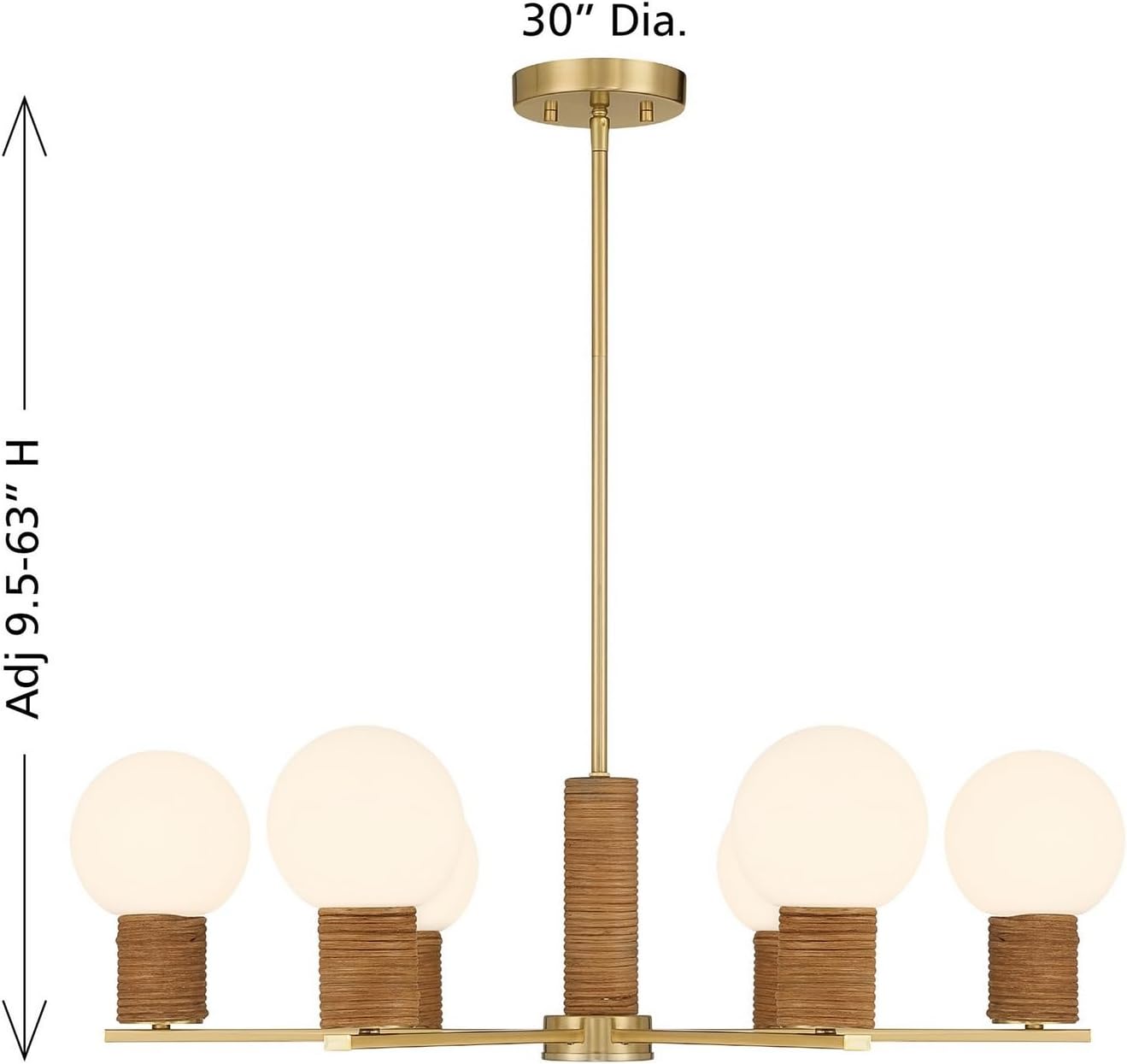 Savoy House 1-4080-6-322 Jarrell Modern White Opal Glass Orb Chandelier with Rattan Accents, 6-Light 360 Total Watts, 10" H x 30" W, Warm Brass