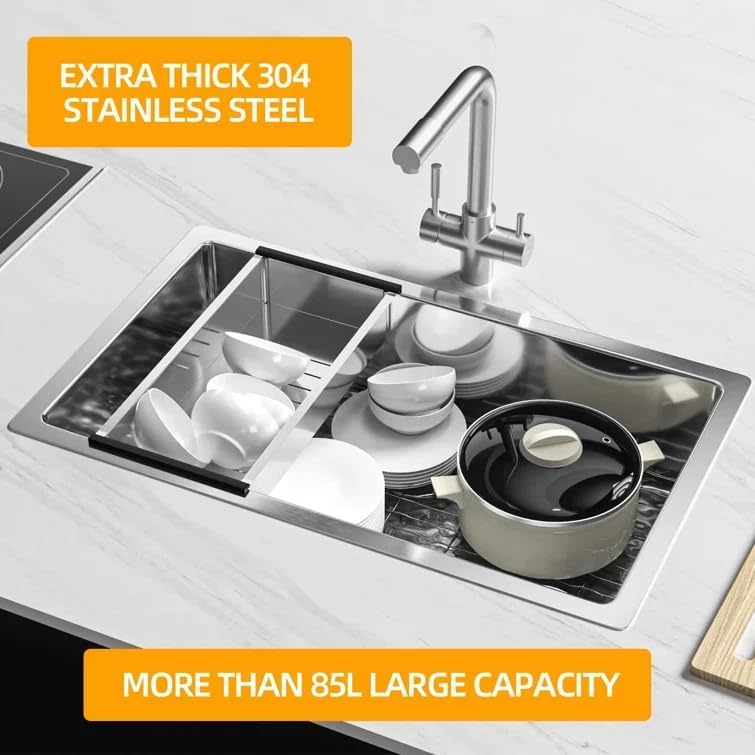 Gappo kitchen sink in use, showing dishes and bowls being dried on the integrated rack and colander, highlighting its large capacity.