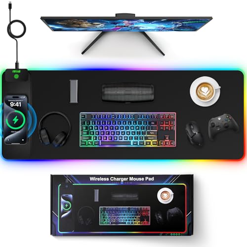 Image of Magnetic Charging Mouse Pad, 31.5x11.81 Inch XL Gaming Mousepad, 11+5 RGB Lighting Modes, Home Office Large Desk Pad with Ultra-Smooth Surface, Non-Slip, Waterproof Keyboard Pad Classic Black Desk Mat