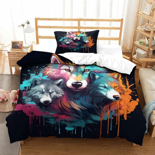 Housse de couette loup avec taies d'oreiller, parure de lit 3 pièces pour enfant et adulte