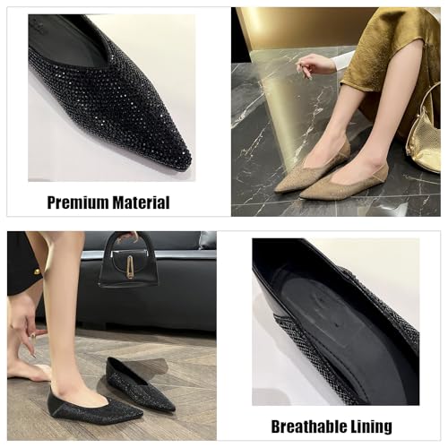 Women's Rhinestones Pointed Toe Flat Pumps Fashion Thick Cushion Inner Heighten Comfortable Slip On Walking Shoes for Leisure Wedding Daily2