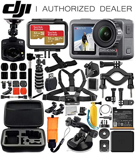 DJI Osmo Action 4K Camera with Free Promotional Dash Cam & Deluxe Accessory Bundle – Includes: 2X SanDisk Extreme 32GB microSDHC Memory Card, Carrying Case, Selfie Stick, Flexible Tripod & More