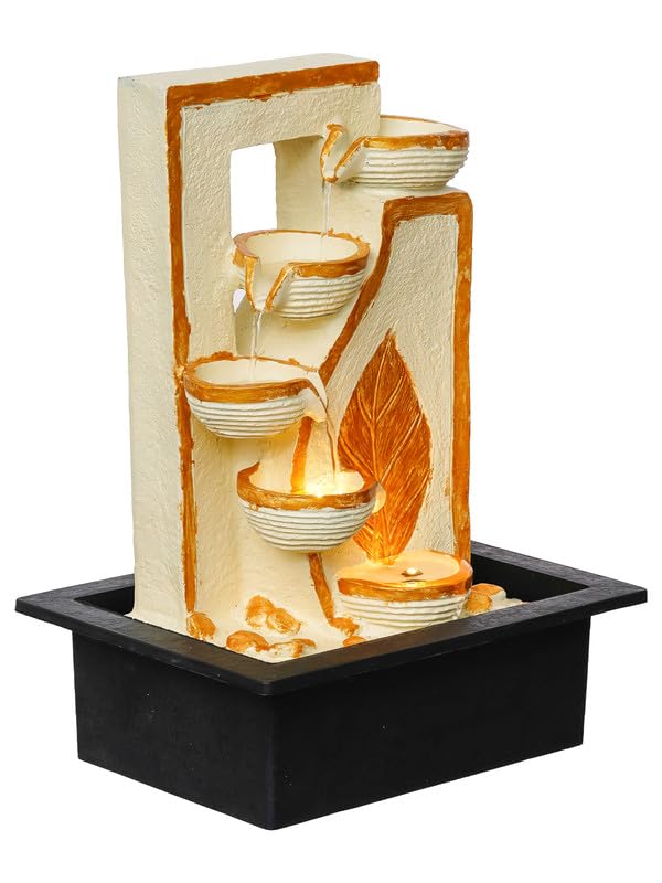 Image of Polyresin Table Top 4 Diya Steps & Golden Colour Leaf Design Indoor Waterfall Fountain for Home Decor with LED Lights & Speed Controller Pump (Size: 40 x 29.5 x 22CM | Weight: 2250grm)