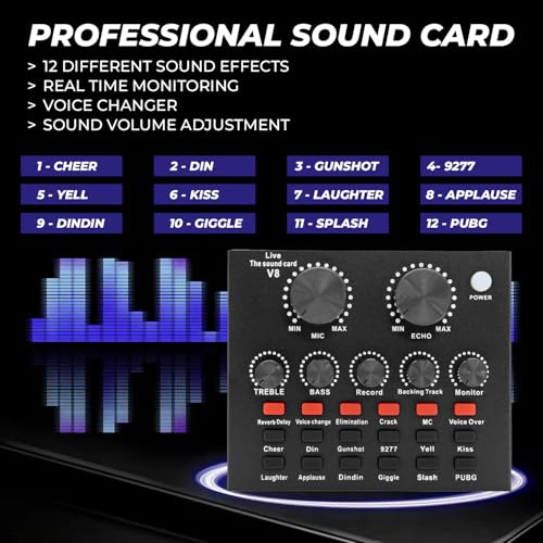 Image of Condenser Microphone Full Setup with Sound Card for Podcast Recording, Singing, Voice Capturing, YouTube Videos, Interviews Recorder Microphones (Black, V8 Sound Card, BM800 Mic)