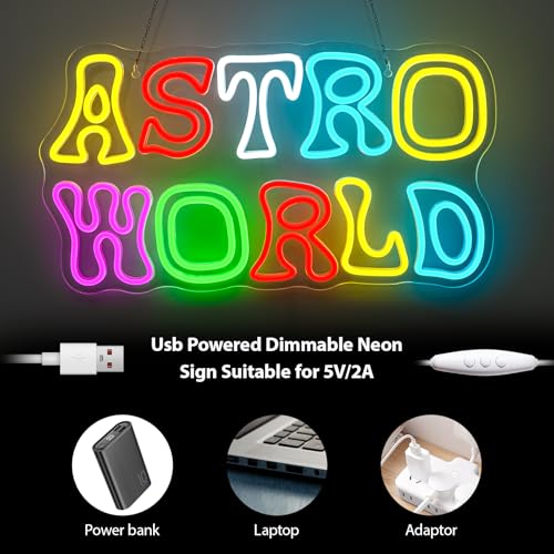 Image of Astro World Neon Sign Letter Neon Signs for Wall Decor Colorful Led Sign USB Powered Neon Lights for Bedroom Livingroom Bar Game Room Astronomy Club Party Teens Gifts