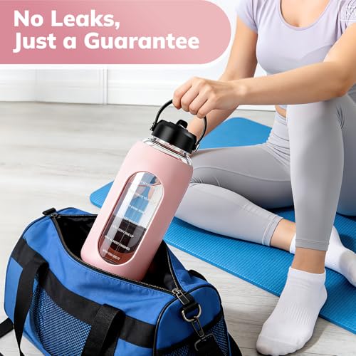 Image of Aqulea 64oz oz Glass Water Bottle with 2 Lids - Spout & Straw Lids, Borosilicate Glass Water Bottle with Time Marker & Silicone Sleeve, Leakproof