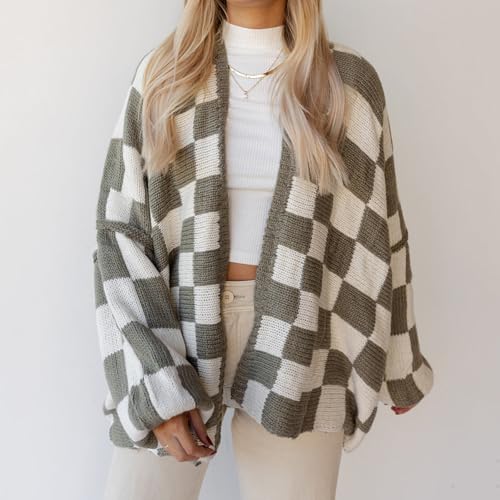 Image of Womens Checkered Cardigan Sweater Loose Long Sleeve Open Front Sweater Knit Coat Casual Oversized Plaid Cardigan Tops