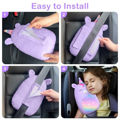 Image of Car Seat Strap Pads Seat Belt Cover Pad Car Pillow for Kids, Cute Seatbelt Pillow Covers for Toddler Boys Girls Travel Head Neck Shoulder Support, Purple Unicorn