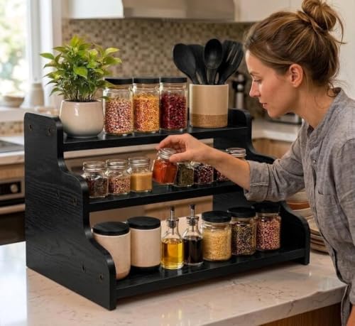 Image of 3-Tier Spice Rack, 13.8 Inch Wood Spice Bottles, Jars, Seasonings, Baking Supplies, Shelf Countertop Spice Storage Holder, Kitchen Pantry Cabinet Organizer Cupboard (BLACK)