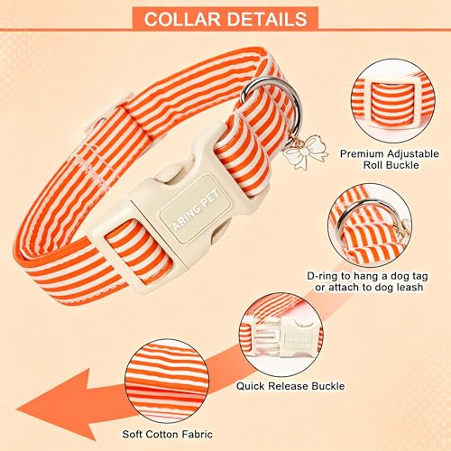 Image of ARING PET Orange Striped Dog Collar for Small Medium Large Boy Girl Dogs-XS | Cotton Fall Winter Puppy Pet Collar for XS S M L XL Dogs, Soft Sturdy Comfortable, Daily Wear Park Play Neighborhood Stroll