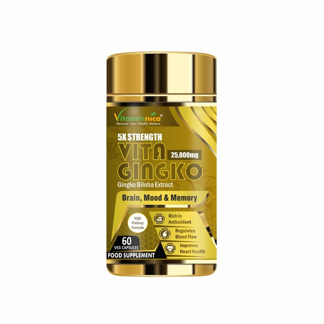 Vitaminnica Vita Gingko Biloba 5X High Strength 25000mg | Vegan Supplement | Cognitive Support, Memory, Focus & Circulation | 60 Capsules