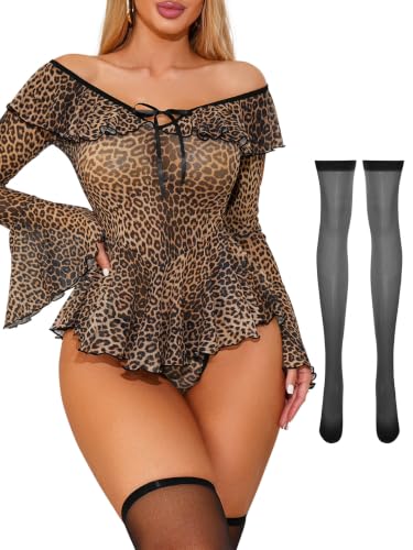 Image of Foxiny Sheer Ruffle Long Sleeve Babydoll Lingerie Dress | Off-shoulder neckline, flared cuffs and a flounce hem add movement; thong and thigh-high stockings complete the 3-piece set